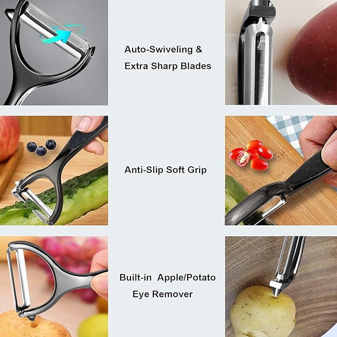 Vegetable Peeler, Potato Peelers for Kitchen Stainless Steel Multi-function Set Fruit Peeler For Kitchen and Household Tools Y & I Shape Swivel Blades for Fruit Vegetables(Black)