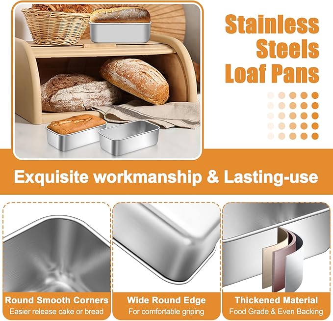 P&P CHEF Mini Loaf Pans Set, 3 PCS Small Bread Loaf Pan for Baking, 6.3 x 3.5 Inch Stainless Steel Baking Pans for Homemade Bread, Meatloaf, Cake and Brownies, Healthy & Non Toxic, Dishwasher Safe