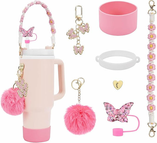 Accessories Set Including Water Bottle Handle Strap, Silicone Boot, Resin Butterfly Straw Cover, Straw Topper, Lip Balm Sleeve, Butterfly & Hairball Charms for Stanley Cup Tumbler
