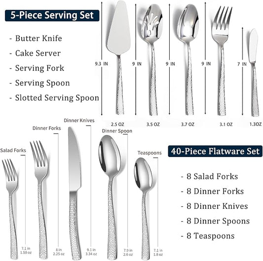 45-Piece Silverware Set with Serving Utensils Set, Silver Hammered Stainless Steel Flatware for 8, Food-Grade Tableware, Including Fork, Knife, Spoon Set, Home Kitchen Cutlery, Dishwasher Safe