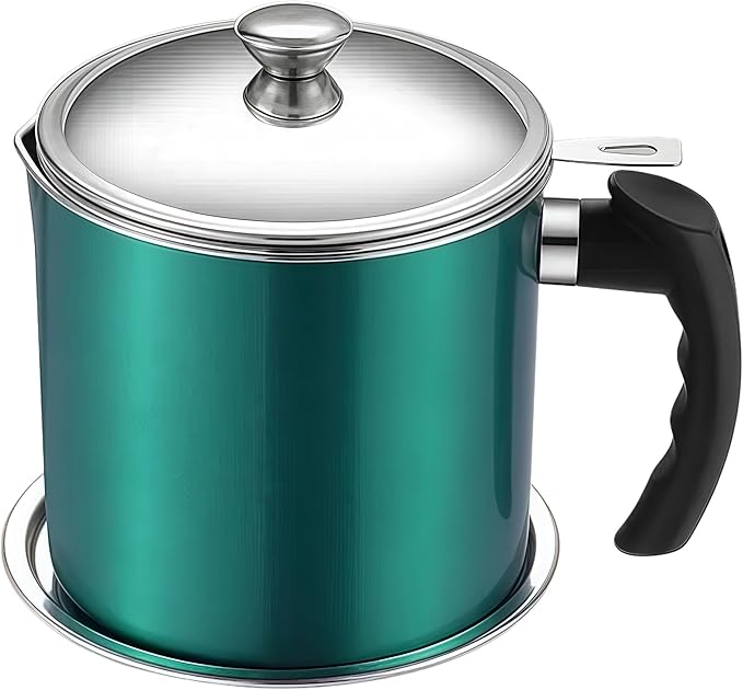 Bacon Grease Container with Strainer & Lid - 43oz 304 Stainless Steel Oil Keeper for Kitchen, Leakproof Grease Saver, Fry Fat Storage Organizer for Cooking Oil/Grease, Green