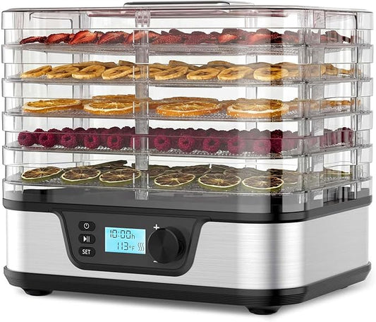 Food Dehydrator, Metallic Silver | 5 Stainless Steel & BPA-free trays, Adjustable Temperature, 72H Timer, Dehydrator for Meats, Jerky, Fruits, Veggies and Pet Treats