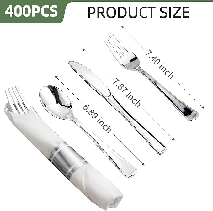 400PCS Pre Rolled Silver Plastic Silverware Sets, Heavy Duty Silver Cutlery, Include 100 Pack Wrapped Disposable Utensils with Napkins for Parties and Weddings