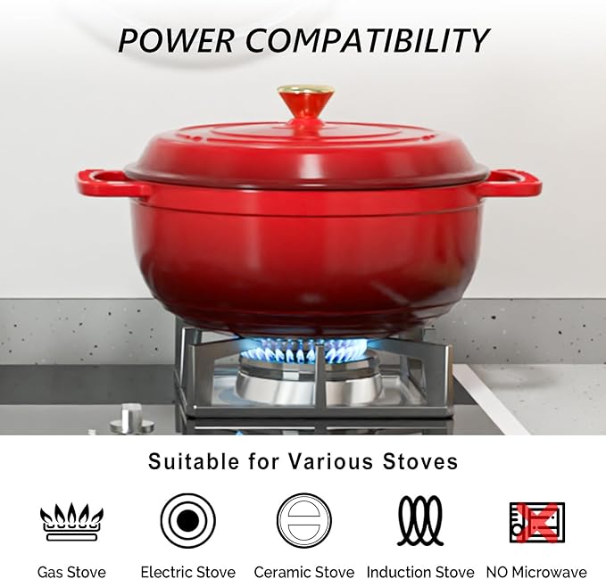 VINGLI 7.5QT Enameled Cast Iron Round Dutch Oven Pot with Lid, NonStick Casserole Pot with Dual Handles & Silicone GlovesRed, Oven Safe up to 500°F or on Stovetop, Dutch Oven for Bread Baking, Red