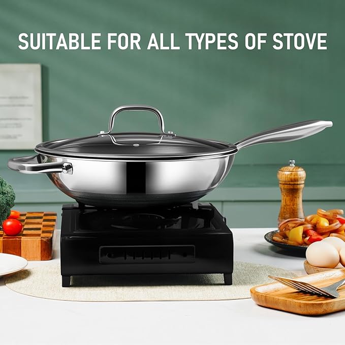SLOTTET Hybrid 12-Inch Wok with Lid,Nonstick Stainless Steel Woks & Stir-fry pans,Stay-Cool Handle,PFOA Free Cookware,Dishwasher and Oven Safe,Compatible with All Cooktops