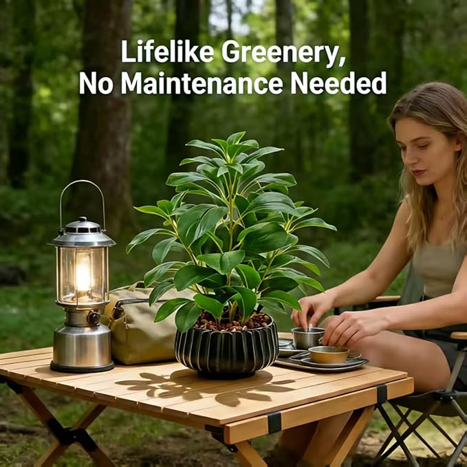 16" Artificial Peperomia Potted Plant in Black Ribbed Ceramic Planter Realistic Faux Green Leaves Tabletop Branches for Indoor Home Office Living Room Shelf Desk Decor