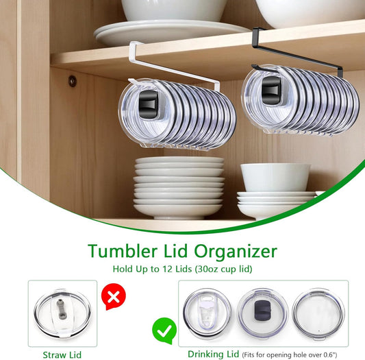 2 Pack Tumbler Lid Organizer for Water Bottle Cup and Mason Jar Storage - Space Saving Kitchen Coffee Cups Organizers Holds 24 Lids, No-Tool Corner Cabinet Rack, No Drill Needed, (Black)