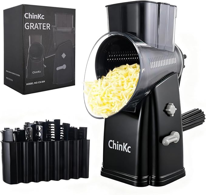 Upgrade Rotary Cheese Grater Shredder with Handle, Strong Suction Base, Multi-purpose Rotary Grater Slicer with 5 Interchangeable Blades for Ice, Vegetables, Fruit, Nuts with Blade Storage Box