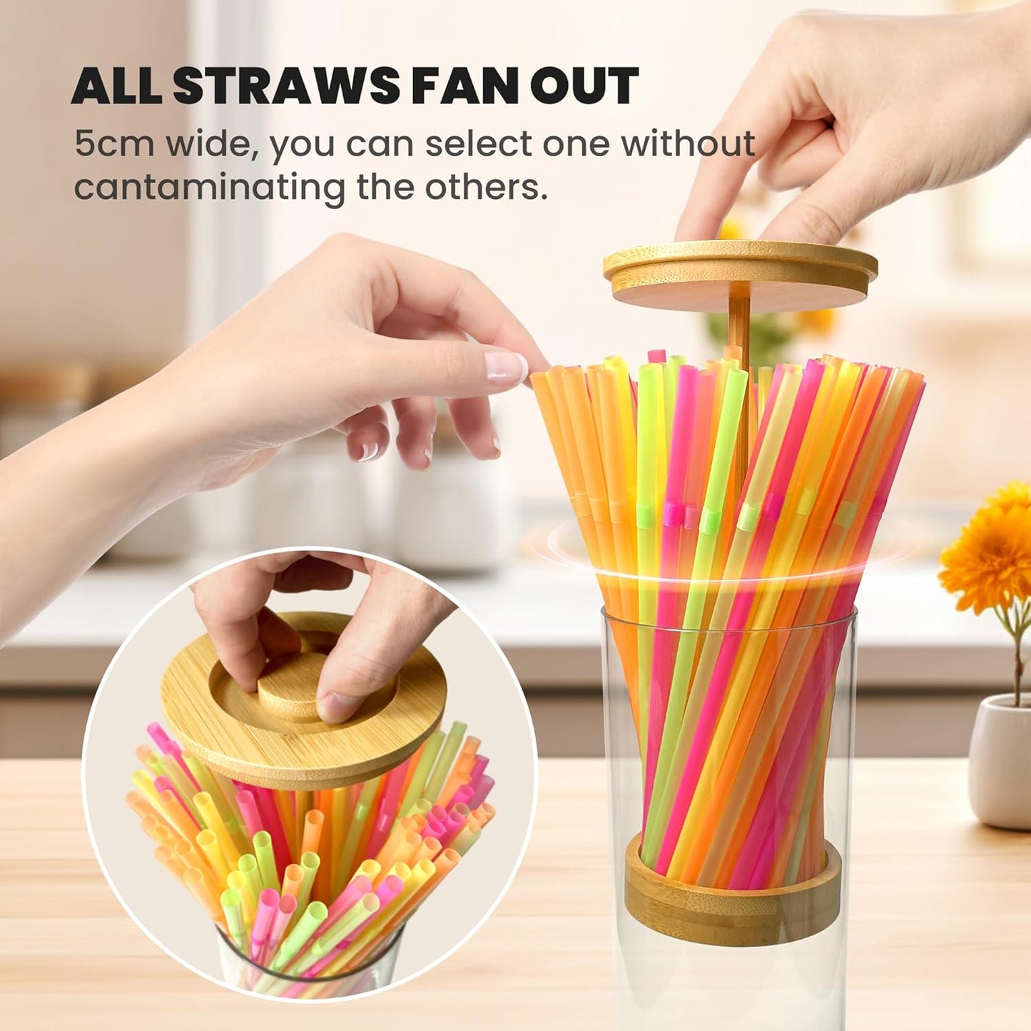 Straws Holder Dispenser for Counter, 10-Inch Drinking Straw Dispenser,Acrylic Straw Organizer with Bamboo Lid,Includes 100 Straws,Transparent Straw Storage Container for Kitchen,Pencils and Silverware