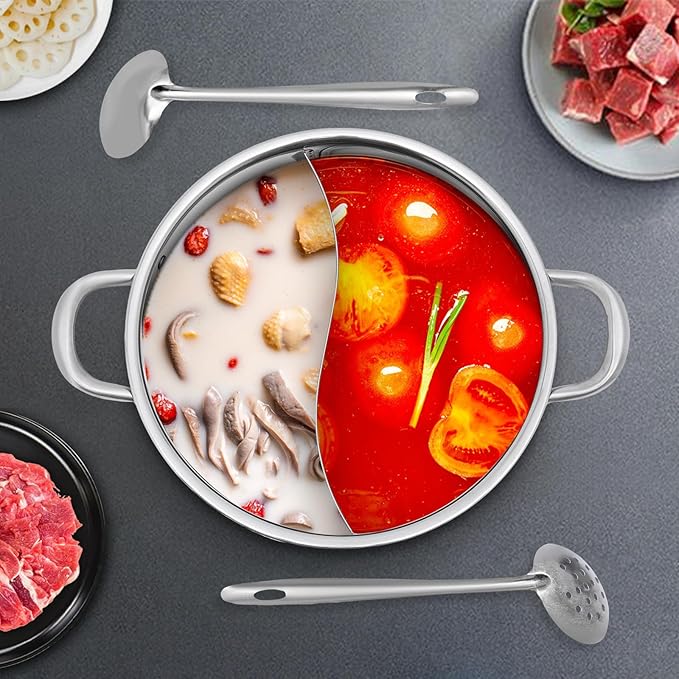 304 Food Grade Stainless Steel Shabu Shabu Hot pot with Divider&Lid,Leaky Spoon,Spoon,for Induction Cooktop Gas Stove Dual