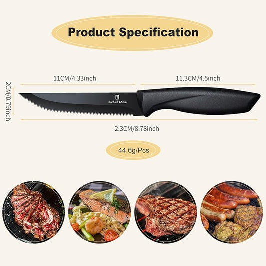 Steak Knives Set of 8,Sharp Serrated Steak Knife Set of 8,Stainless Steel Steak Knife Set,High-Carbon Steak Knives,Black Handle Steak Knifes,Ergonomic Kitchen Knives Set for Precise Cutting