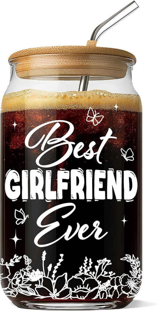 Gifts for Girlfriend 16 Oz Coffee Glass Cup with Lid and Straw & Brush Romantic Love Drinking Glasses Girlfriend Gift for Her Women Lover Valentines Day Anniversary Birthday Christmas