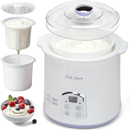 Party Dessert Electric Greek Yogurt Maker Machine with Strainer, Automatic Yogurt Maker for Home Organic Yogurt, Timer Control, BPA-free PP Lid, 2 x Inner Bucket (2 Quarts)