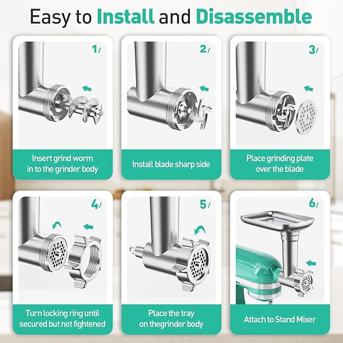 Metal Food Grinder Attachment for KitchenAid Stand Mixer, Meat Grinder Accessories Includes Sausage Stuffer Tube, Food Meat Processor Accessories, Easy to Clean，Perfect for Home Kitchen Use