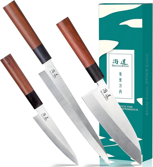 SHANGDAO Japanese Kitchen Knife Set, 3 Piece Sushi Chef Knife, 10”Yanagiba-7”Deba-5”Utility Kitchen Knife Cooking Knives, Premium German Stainless Steel & Traditional Wooden Handle, Gift Box