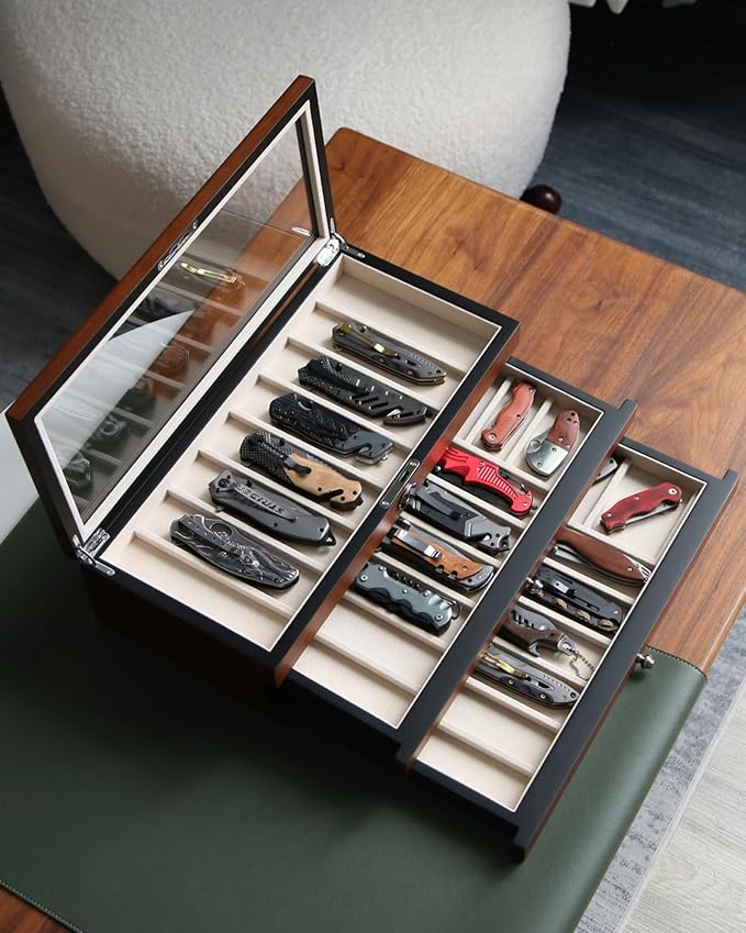 Bonaking Three-Tier Knife Display Case Box with Glass Window and Walnut Finish - Stores 22-26 Pocket Knives - Perfect for Men's Gift