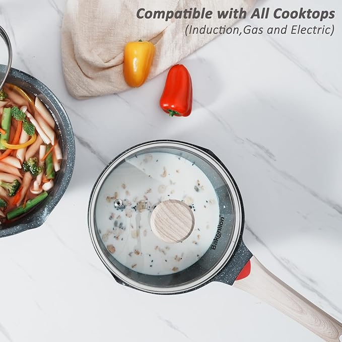 Bakoniion Ceramic Nonstick Saucepan Set 3QT and 4QT, Cast Aluminum Cooking Pots with Side Pour Spouts,Compatible with All Cooktops,Dishwasher Safe