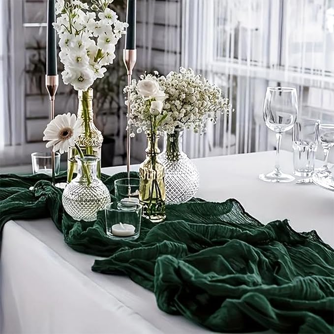 10 Pack Dark Green Cheesecloth Table Runner 6FT Boho Gauze Fabric Table Runner Vintage Rustic Sheer Runners for Wedding Party Bridal Baby Shower Long Table Decorations