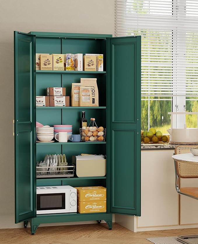 Metal Storage Cabinet with 2 Magnetic Doors and 4 Adjustable Shelves, 74.8" Tall Pantry Garage Cabinets, Modern Tool Storage Cabinet for Home Office, Kitchen, Living Room