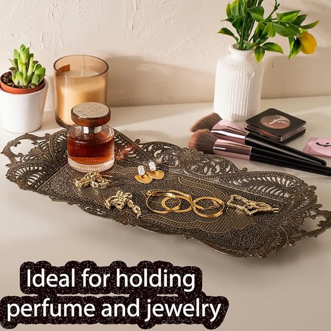 Small Antique Moroccan Coffee Tea Serving Tray Decor Decorative Handles Rectangle - Antique Arabic Brass Metal Fancy Rustic Farmhouse Candle Rectangular Bar Style Traditional Vintage Home Decor Tray