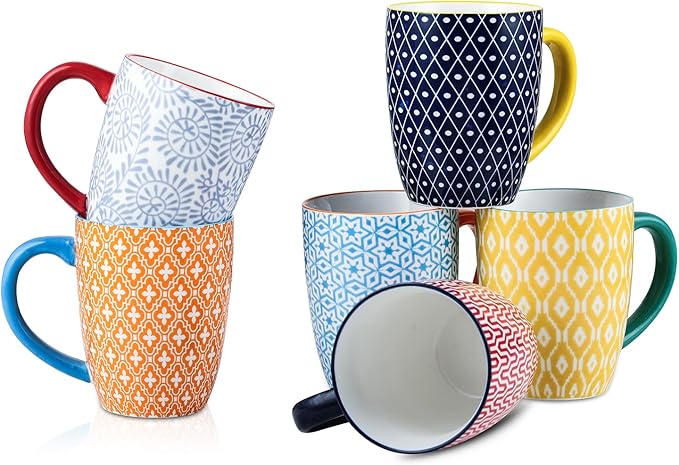 Selamica 16 oz Porcelain Coffee Mugs Set of 6, Coffee Cups Ceramic With Handle, Dishwasher, Oven, Microwave Safe, Assorted Colors | Coffee Cups, With Handle, Dishwasher, Oven, Microwave Safe