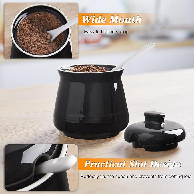 Sugar Bowl with Lid and Spoon, 12 oz Ceramic Sugar Bowl with Spoon, Sugar Container for Coffee Bar, Sugar Jar Sugar Dispenser Bowl, Modern Kitchen Decor, Black