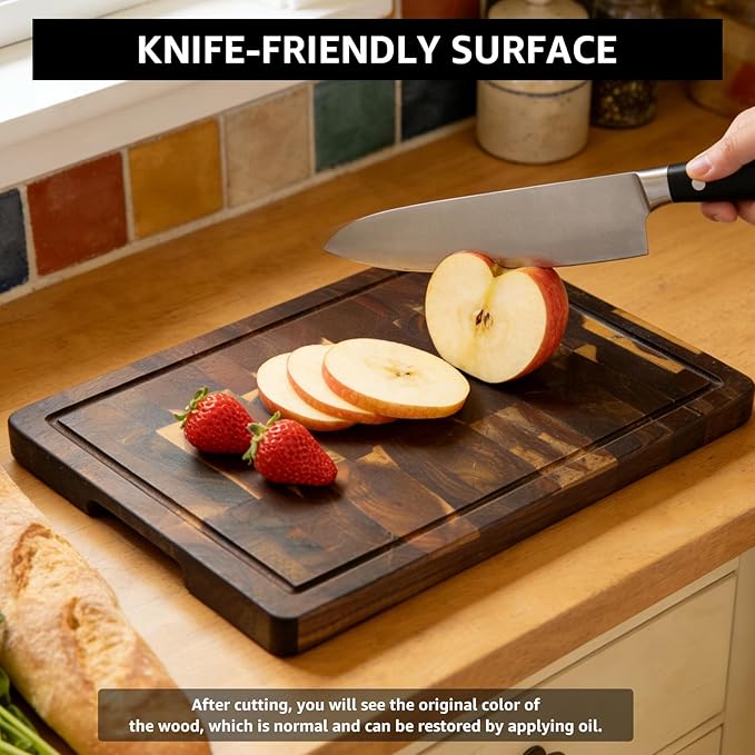 Walnut Wood Cutting Board for Kitchen, End Grain Chopping Board with Juice Groove, Heavy Duty Checkered Board for Cheese and Vegetables, Non-slip Feet, 17" × 12" × 1.5"