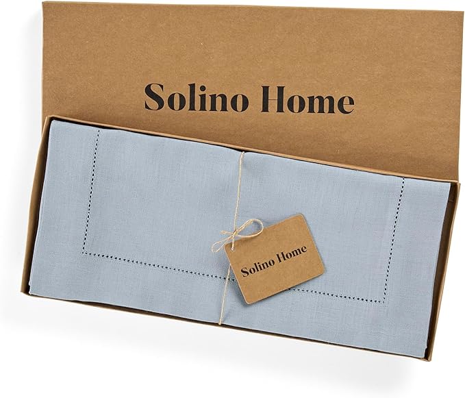 Solino Home Linen Dusty Blue Table Runner 60 Inches - Classic Hemstitch, 100% Pure Linen Coffee Table Runner 14 x 60 Inch Ideal for Dresser Tables - Winter, Spring, Easter