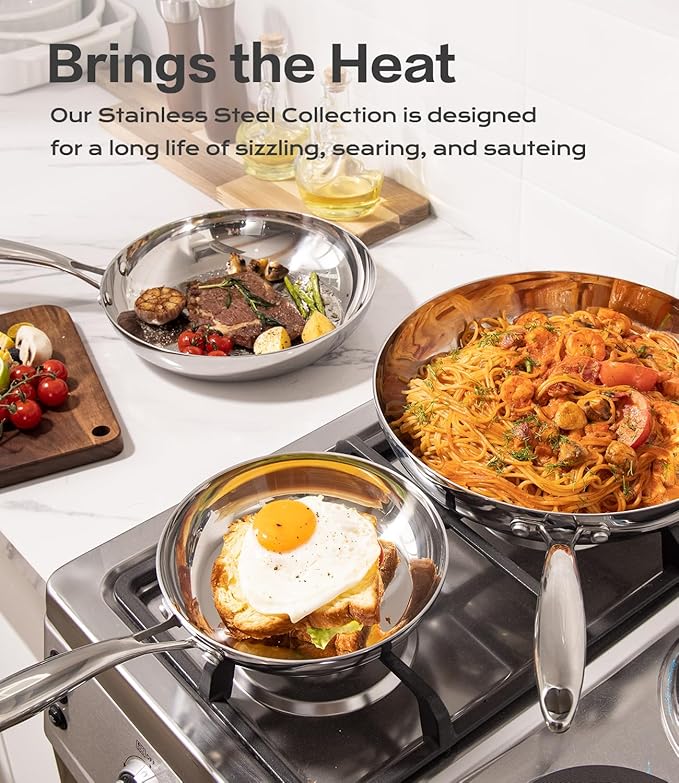 USELUCK Stainless Steel Frying Pan Sets 6 Piece 8, 10 & 12 Inch with Lids, Oven & Dishwasher Safe Fast and Even Heating Stay Cool Handles Non-toxic PFOA Free Stir Fry Pan Skillets Sets