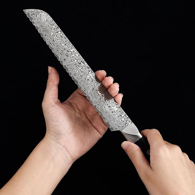 zayiko Black Edition Bread knife 8-inch blade extremely sharp from 67 layers I Damascus kitchen knives and professional chef's knives made of genuine Japanese Damascus with Pakka wood