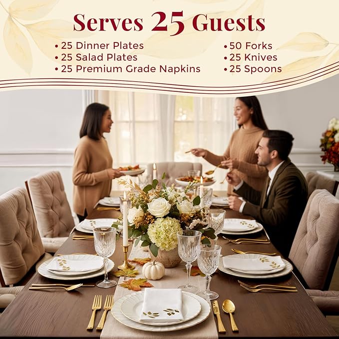 By Madee HIGH END 175 Pc Ivory Scalloped Plastic Plates with Gold Trim | Fancy Disposable Dinnerware Set | Nice Disposable Plates and Cutlery Set w/Cloth Like Napkins for Weddings & Party (25 Guests)