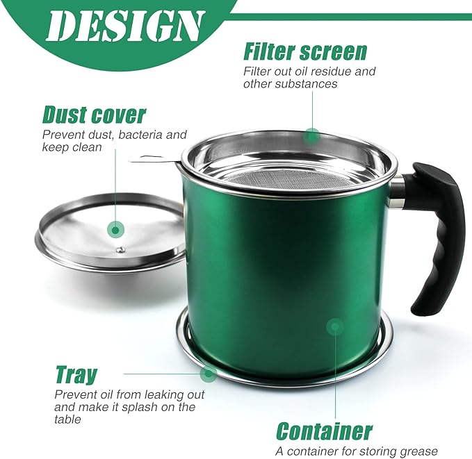 Bacon Grease Container with Strainer,Kitchen Oil Container Can with Strainer and Anti-slip coaster tray for Store Meat Frying Oil and Cooking Grease Storage (Green)