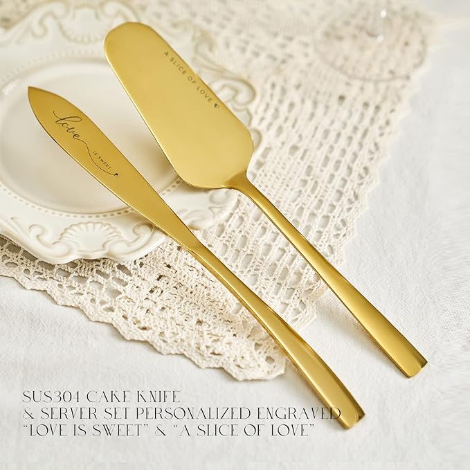 AW BRIDAL Engagement Bridal Shower Wedding Gifts for Couple Newlyweds, Anniversary Mr Mrs Champagne Flutes Toasting Glasses Set of 2, Wedding Gold Cake Cutting Set with Wooden Box for Bride Groom