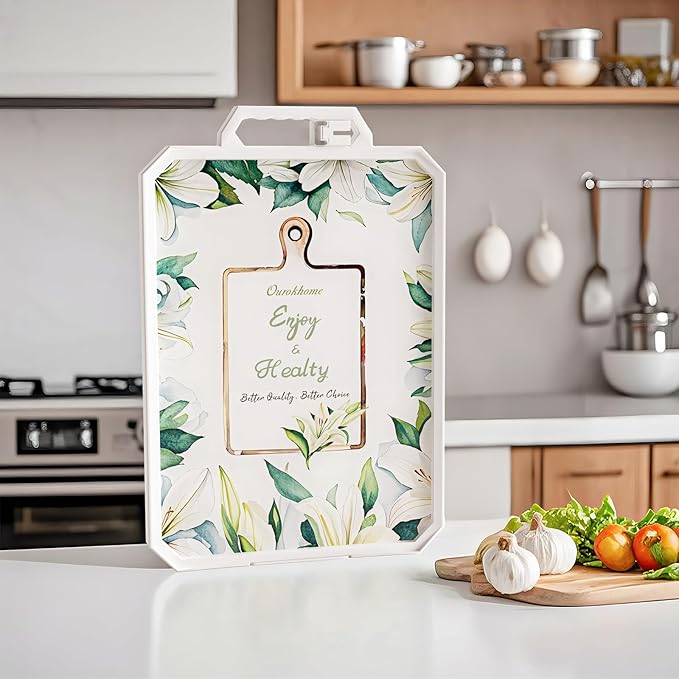 Ourokhome Cutting Board for Kitchen, Tempered Glass Cutting Board Double Sided Food Grade for Chopping Meat, Vegetables, Fruits, Cheese, Knife Friendly with Handles and Knife Sharpener, White