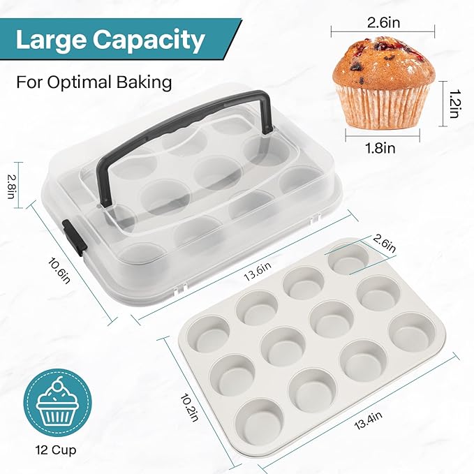 Spmarkt 2-Pack Beige Muffin Pan, Non-Stick 12-Cup Cupcake Pan with Lid, Cupcake Pan with Lid and Handle, Perfect for Holidays, Birthdays, and Family Gatherings