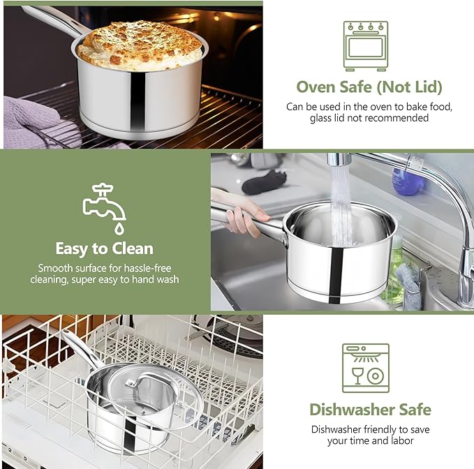 TeamFar 2 qt Saucepan with Lid, Stainless Steel Small Sauce Milk Pan with Tri-ply Bottom for Induction/Gas/Electric/Ceramic, Healthy & Heavy Duty, Mirror Finish & Straight Side, Dishwasher Safe