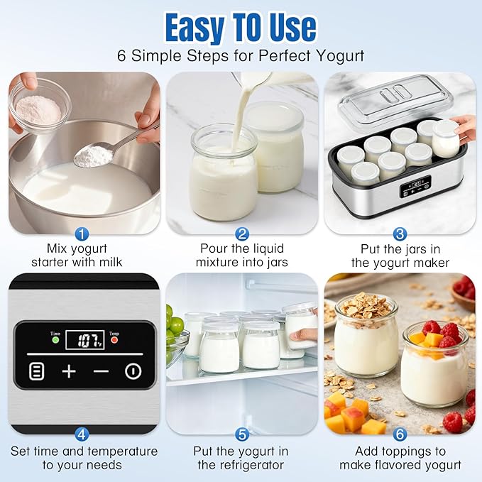 Yogurt Maker with Adjustable 48H Time & Temp Control, Digital Yogurt Maker Machine with 8×6oz Glass Jars, Make Healthy Yogurt for Family, Pecfcet Gifts for Friends