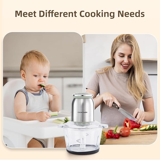 COOKZHOM Food Processor 8 Cup, 500W Electric Food Chopper,Meat Grinder with Glass Bowl and 2 Sharp Blades Set for Vegetable, Meat, Nuts, Functions for Chopping, Dicing, Mixing and Puree