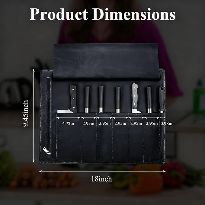 BSLGCTX Leather Knife Roll, Chef Knife Roll Bag, Knives Carrying Case, Culinary Tools Carrying Storage, Portable Travel Storage with 7 Slots & Zipper, Gifts for Chef (Black)