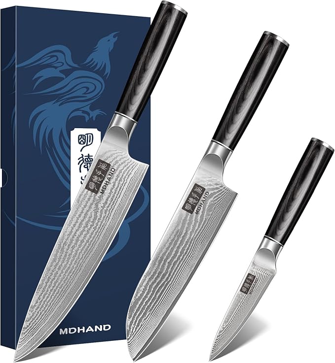 MDHAND Damascus Knife Set, 3PCS Ultra Sharp 10Cr15CoMoV Super Steel Japanese Kitchen Knife, Professional Chef Knife Set with Black Pakkawood Handle, Including Chef, Santoku & Paring Knife, Elegant Box