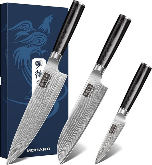 MDHAND Damascus Knife Set, 3PCS Ultra Sharp 10Cr15CoMoV Super Steel Japanese Kitchen Knife, Professional Chef Knife Set with Black Pakkawood Handle, Including Chef, Santoku & Paring Knife, Elegant Box