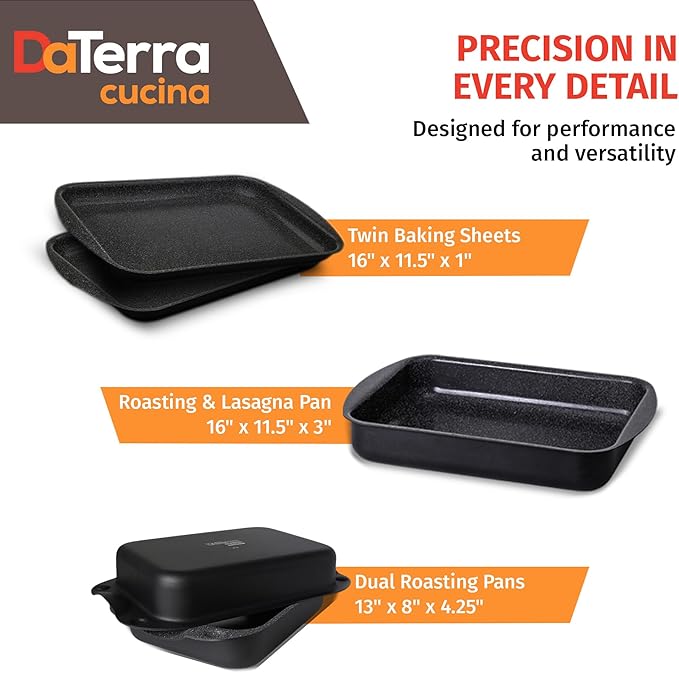 DaTerra Cucina Nonstick Baking Bundle – Roasting & Lasagna Pan, Twin Pack Ceramic Baking/Cookie Sheets, Dual Covered Roasting Pan Set – Made in Italy, Volcanic Black
