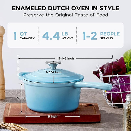 Onader 1 Quart Saucepan, Enameled Cast Iron Sauce Pan Pot, Small Kitchen Pot for Cooking with Lid, Enamel Dutch Oven Nonstick – Lake Blue