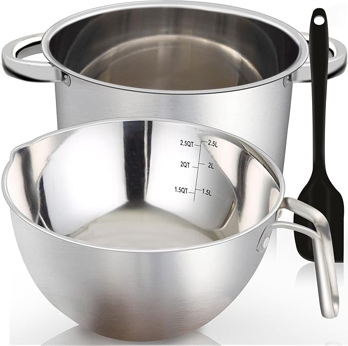 Marsheepy Double Boiler Pot Set, 2500ML（2.3QT） Mixing Bowl for Chocolate Melting, 4000ML（3.63QT） Stainless Steel Pot With Silicone Spatula for Melting Chocolate, Candy, Candle, Soap, Wax