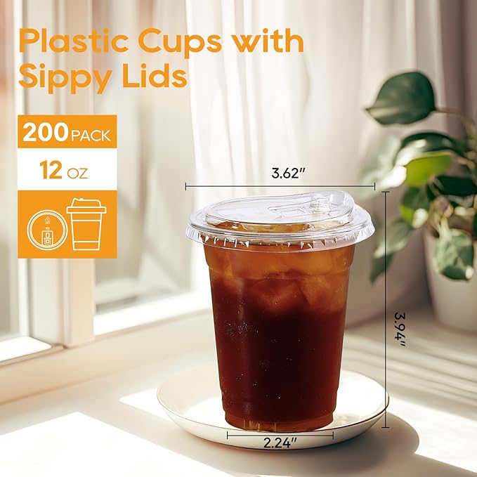 Turbo Bee 12 OZ 200 Sets Clear Plastic Cups with Strawless Sip Lids, To Go Crystal Clear Disposable Plastic Cups with Lids for Iced Coffee, Smoothies, Soda, Lemonade, Cold Beverage