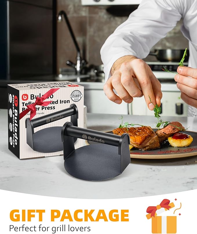 Burger Press, 6'' Round Burger Smasher for Griddle with Heat-Resistant Handle, Teflon-Coated Iron Non-Stick Hamburger Smasher Tool for Flat Top Griddle, Grill, BBQ, Cooking, Gift Package