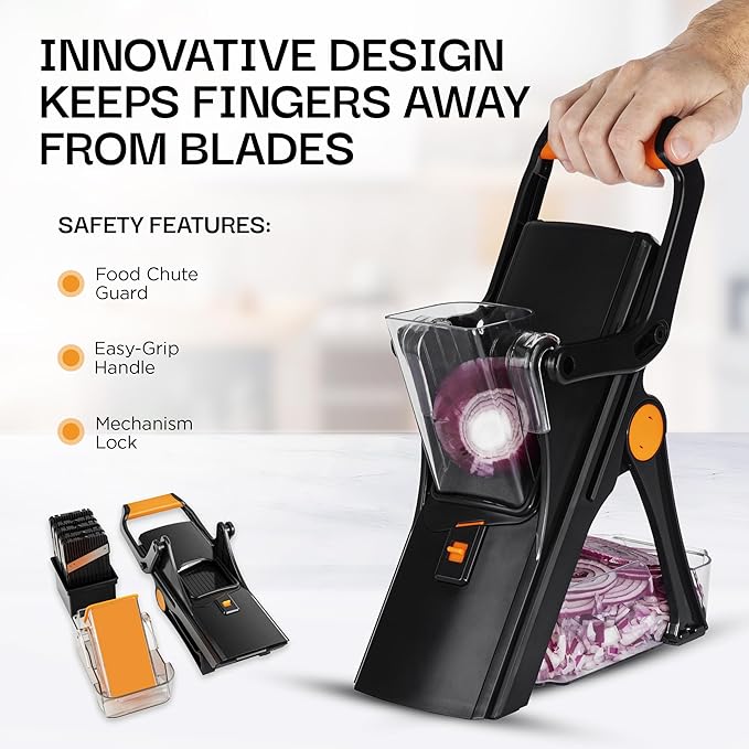 EMSON Safe Mandoline Slicer for Kitchen, All in 1 Potato Slicer Vegetable Slicer Food Slicer Vegetable Cutter, Mandolin Slicer for Veggies and More with 5 Blades and Storage Container