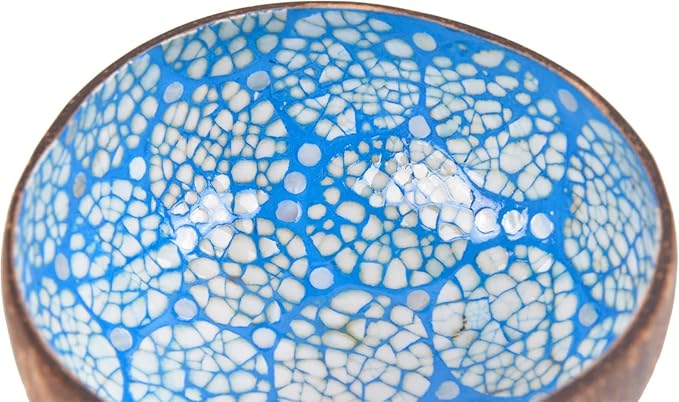 ChezMax Natural Coconut Bowl with Mother of Pearl Inlaid Shell - Handcrafted Home Decoration, Entryway Table Key Bowl or Candy Container, Fruit and Nuts Holder (Blue)