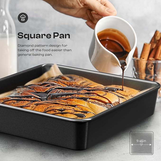Slow Slog Nonstick Baking Pans Set, 8-Piece Stackable Bakeware Sets, Non-Toxic Oven Pan Set, Includes Baking Sheet, Cake Pan, Muffin Pan, Loaf Pan, Square Pan, Cookie Sheet & Roasting Pan, Black