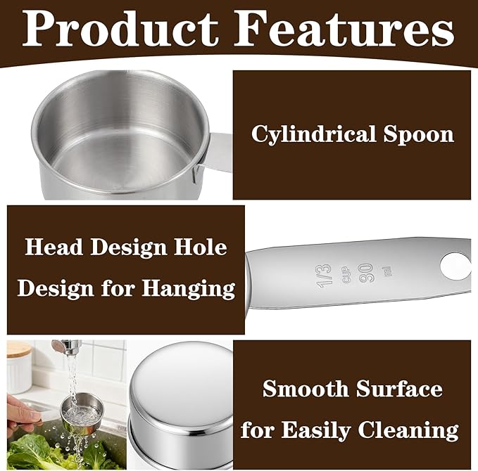 4 Pcs Stainless Steel Measuring Cup, 1, 1/2, 1/3, 1/4 Cup - 250, 125, 80, 60ml Metal Measuring Cups Scoop, Comfortable Hand Feeling Measurings Scoops for Coffee Cooking Baking Kitchen, Dishwasher Safe